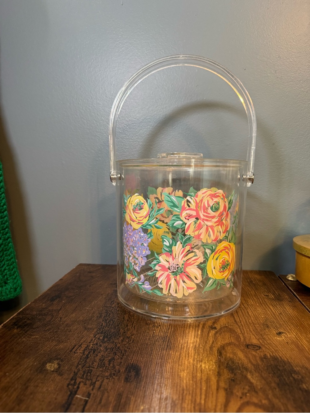 Vintage 1990 Clear Floral Acrylic Ice Bucket with Pink, Yellow and Purple Blooms